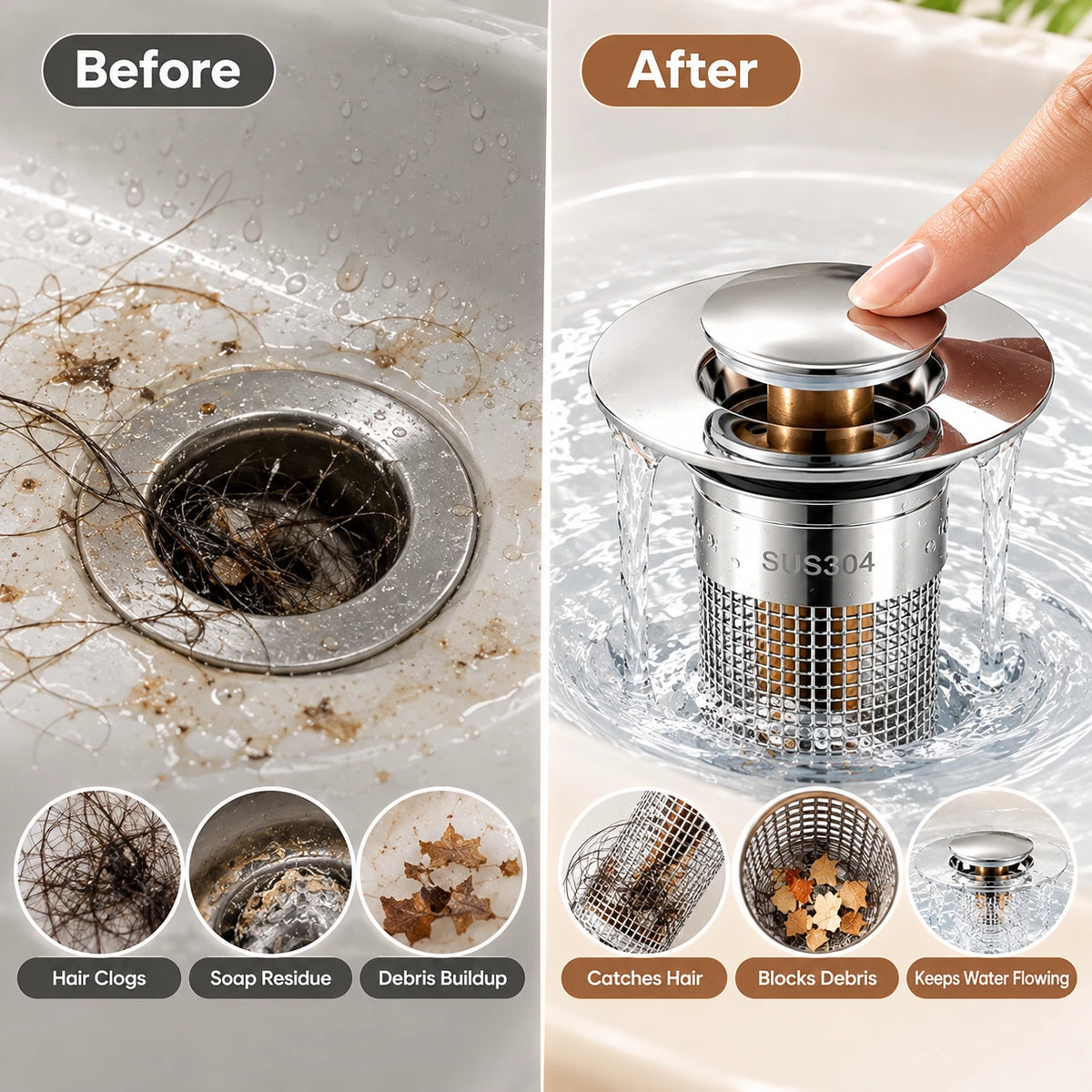 Universal Push-Button Basin Drain Stopper with Filter Mesh