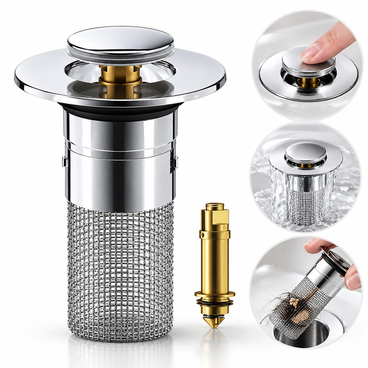 Universal Push-Button Basin Drain Stopper with Filter Mesh