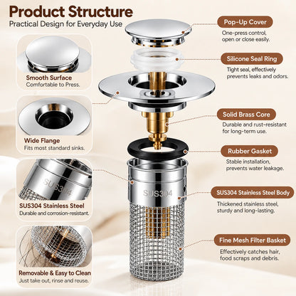 Universal Push-Button Basin Drain Stopper with Filter Mesh