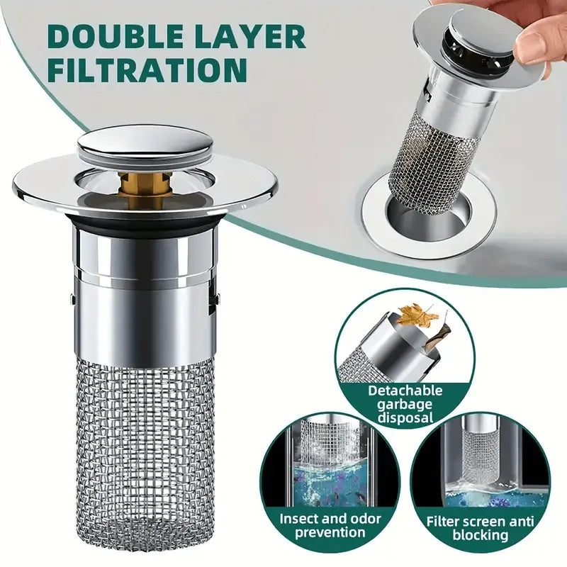 Universal Push-Button Basin Drain Stopper with Filter Mesh
