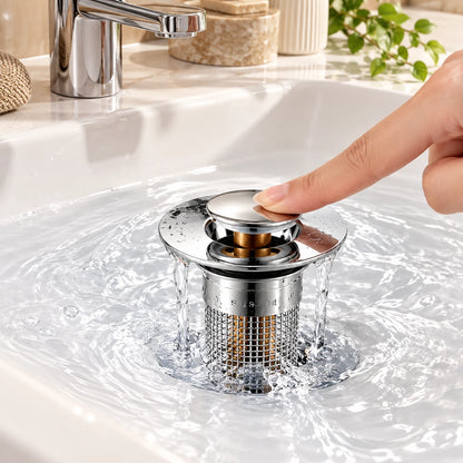 Universal Push-Button Basin Drain Stopper with Filter Mesh