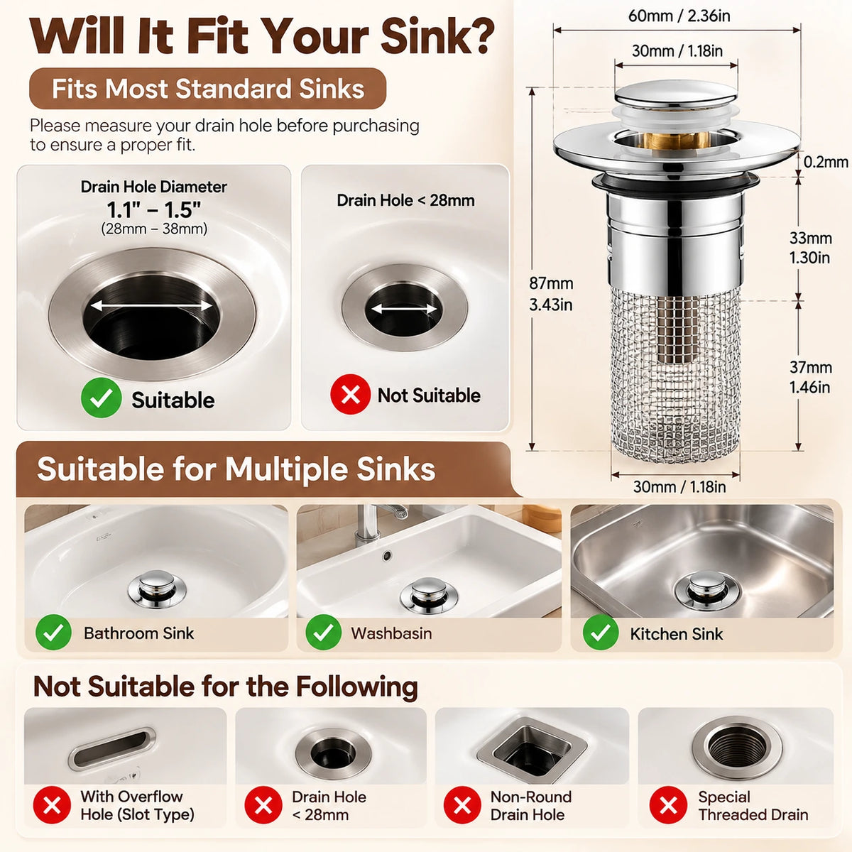 Universal Push-Button Basin Drain Stopper with Filter Mesh