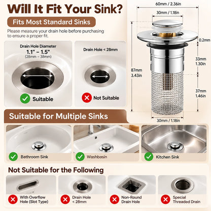 Universal Push-Button Basin Drain Stopper with Filter Mesh