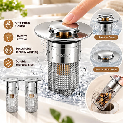 Universal Push-Button Basin Drain Stopper with Filter Mesh